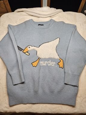 Aelfric Eden Sweater Mens L Blue Goose Knife Murder Crewneck Graphic Knit